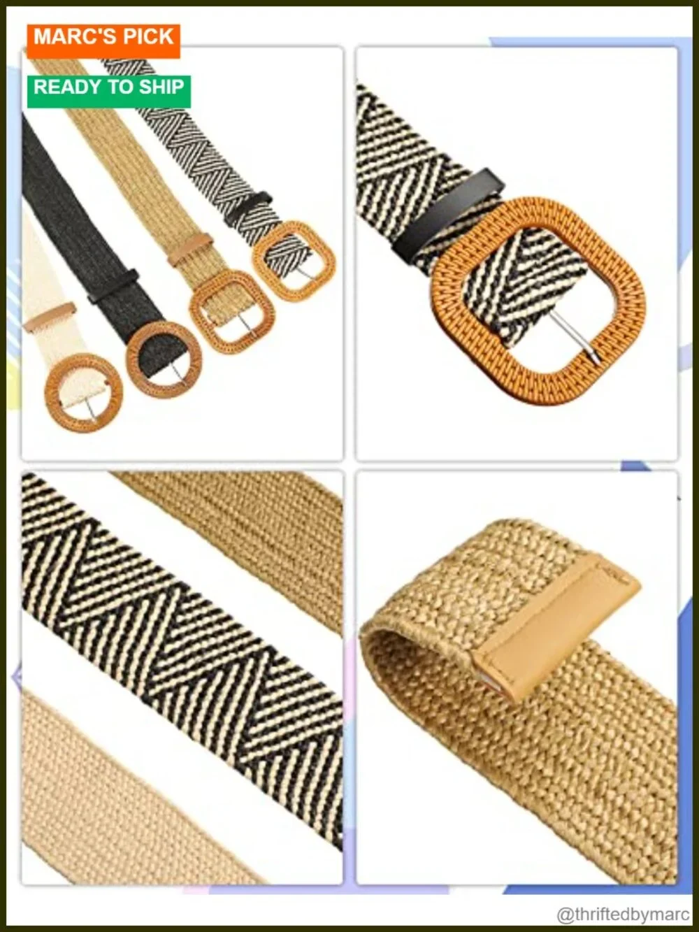 Set of 4 Elastic Raffia Woven Belts with Rattan Buckle for Dresses